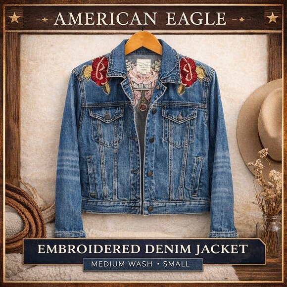 American Eagle Outfitters Jackets & Blazers - American Eagle Floral Embroidered Denim Jacket Medium Wash Small